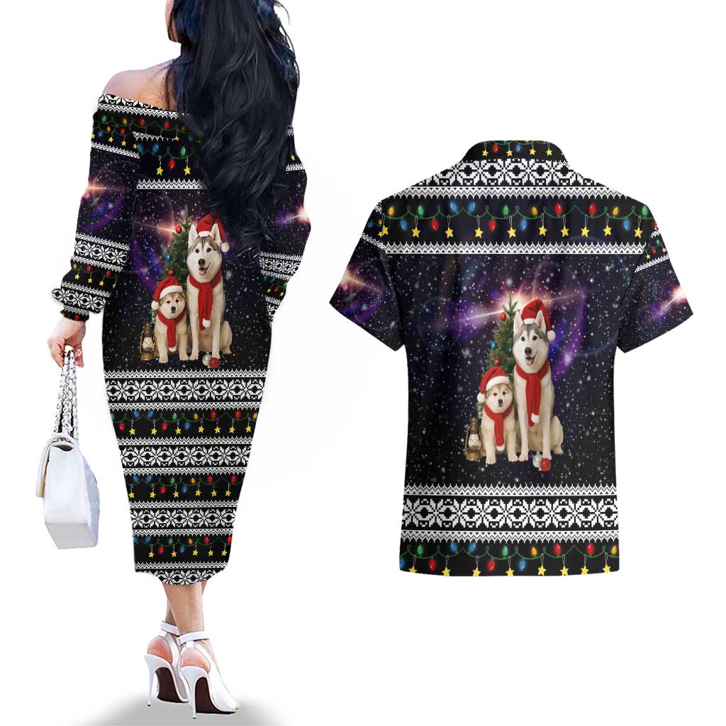 Siberian Husky Show Up Xmas Christmas Couples Matching Off The Shoulder Long Sleeve Dress and Hawaiian Shirt Xmas Holiday Patterns - Wonder Print Shop