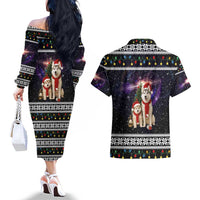 Siberian Husky Show Up Xmas Christmas Couples Matching Off The Shoulder Long Sleeve Dress and Hawaiian Shirt Xmas Holiday Patterns - Wonder Print Shop