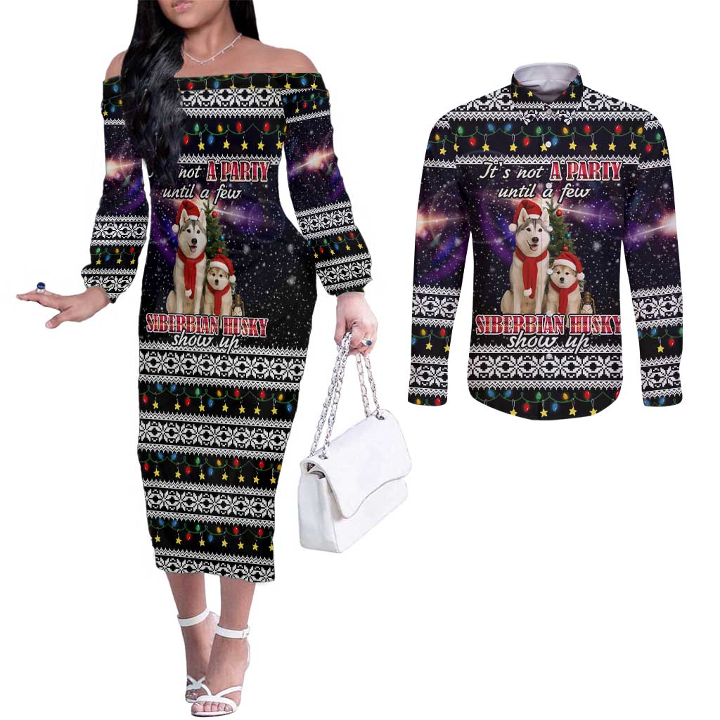 Siberian Husky Show Up Xmas Christmas Couples Matching Off The Shoulder Long Sleeve Dress and Long Sleeve Button Shirt Xmas Holiday Patterns - Wonder Print Shop