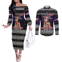 Siberian Husky Show Up Xmas Christmas Couples Matching Off The Shoulder Long Sleeve Dress and Long Sleeve Button Shirt Xmas Holiday Patterns - Wonder Print Shop