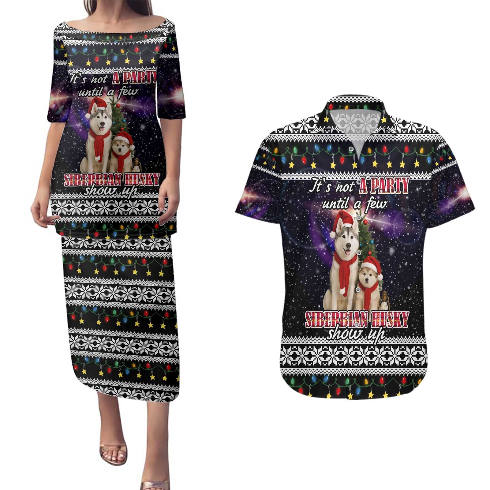 Siberian Husky Show Up Xmas Christmas Couples Matching Puletasi and Hawaiian Shirt Xmas Holiday Patterns - Wonder Print Shop