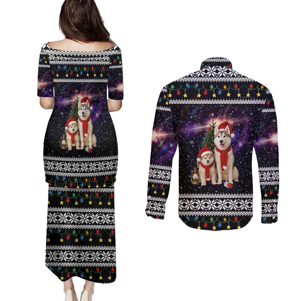 Siberian Husky Show Up Xmas Christmas Couples Matching Puletasi and Long Sleeve Button Shirt Xmas Holiday Patterns - Wonder Print Shop