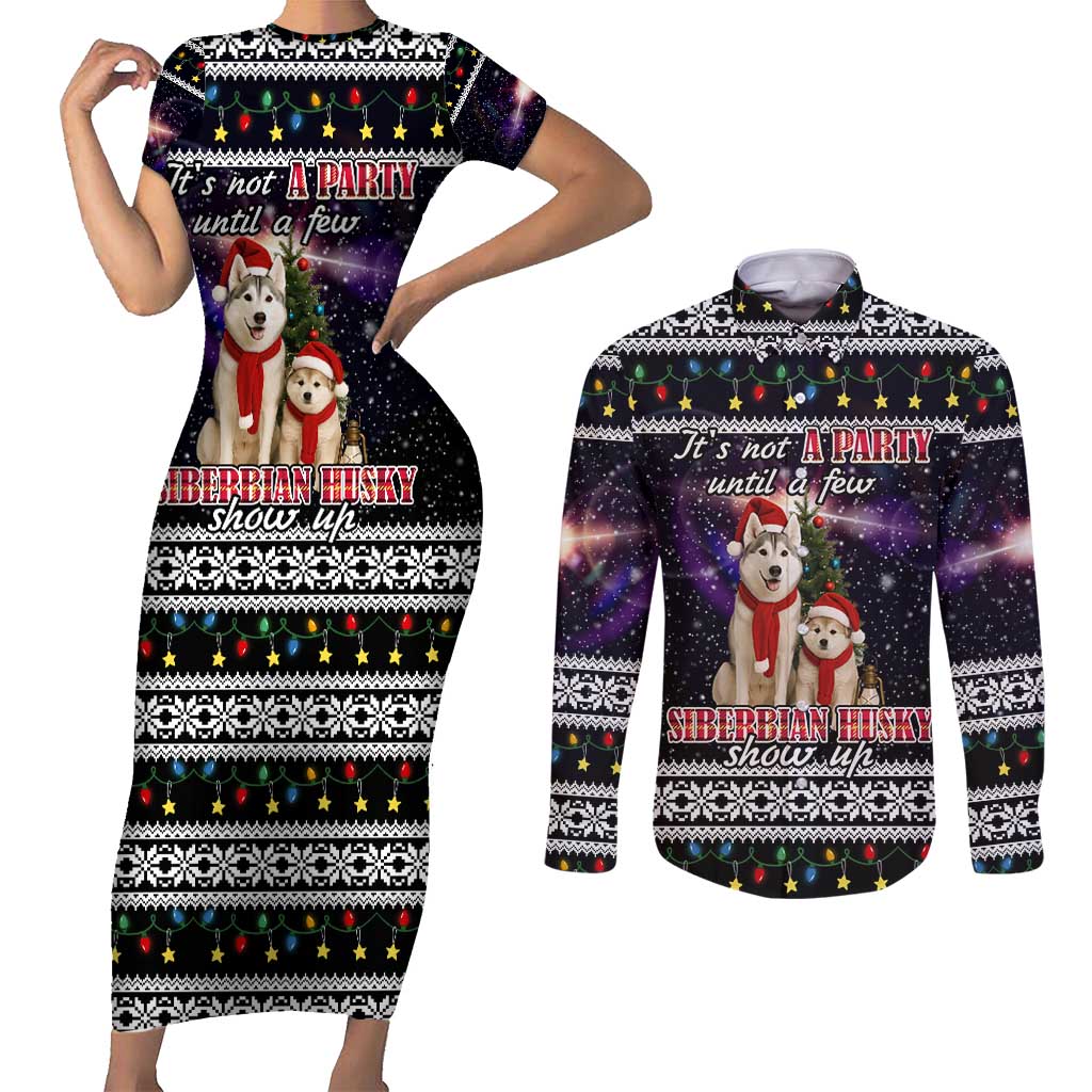 Siberian Husky Show Up Xmas Christmas Couples Matching Short Sleeve Bodycon Dress and Long Sleeve Button Shirt Xmas Holiday Patterns - Wonder Print Shop