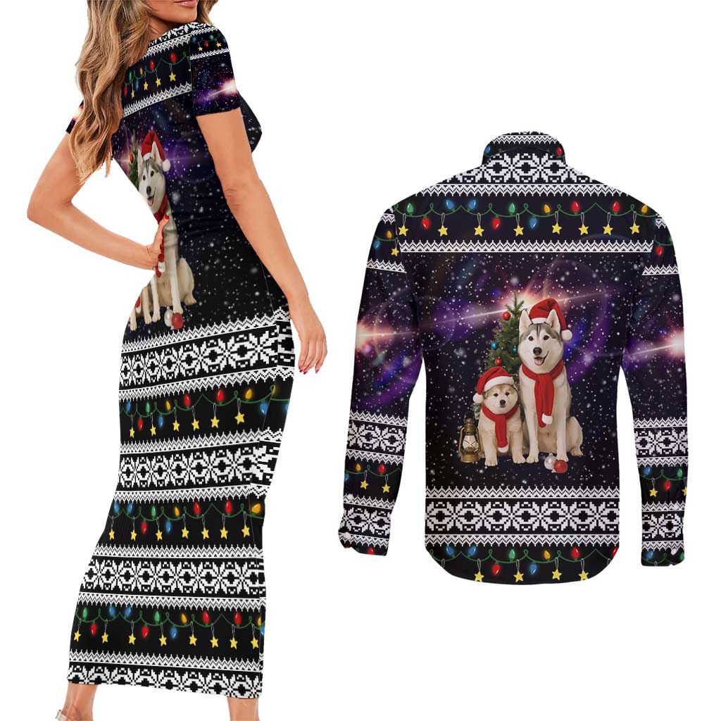 Siberian Husky Show Up Xmas Christmas Couples Matching Short Sleeve Bodycon Dress and Long Sleeve Button Shirt Xmas Holiday Patterns - Wonder Print Shop