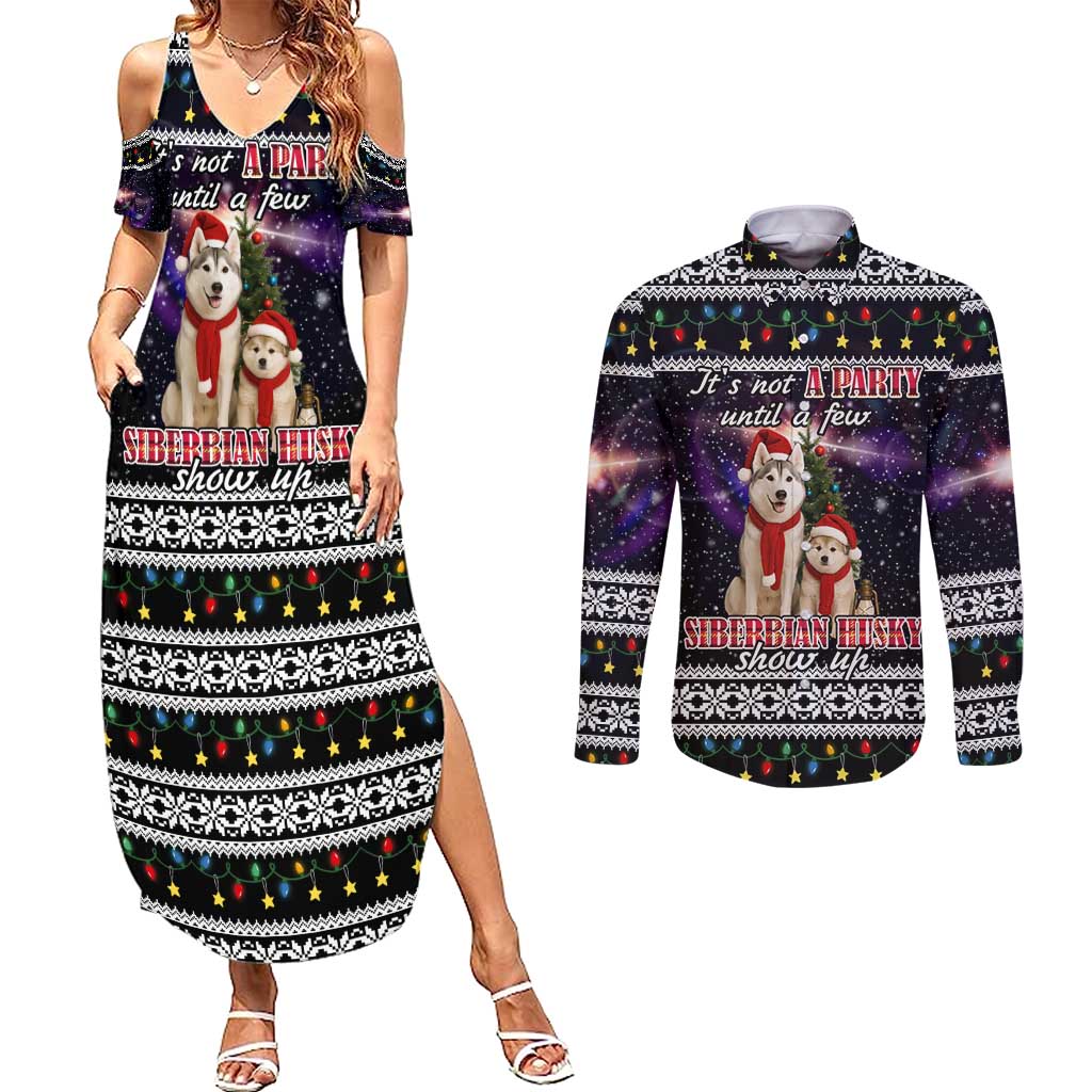 Siberian Husky Show Up Xmas Christmas Couples Matching Summer Maxi Dress and Long Sleeve Button Shirt Xmas Holiday Patterns - Wonder Print Shop