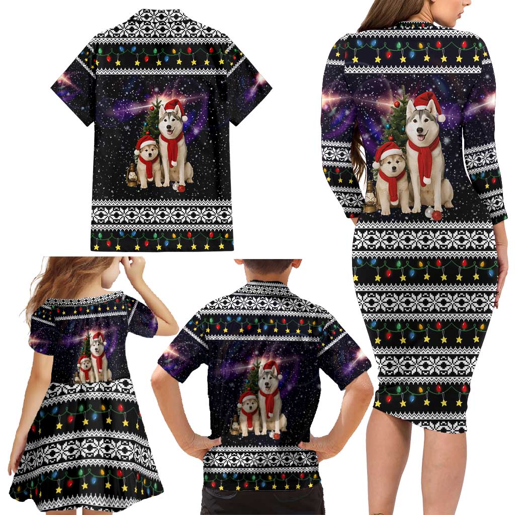 Siberian Husky Show Up Xmas Christmas Family Matching Long Sleeve Bodycon Dress and Hawaiian Shirt Xmas Holiday Patterns - Wonder Print Shop