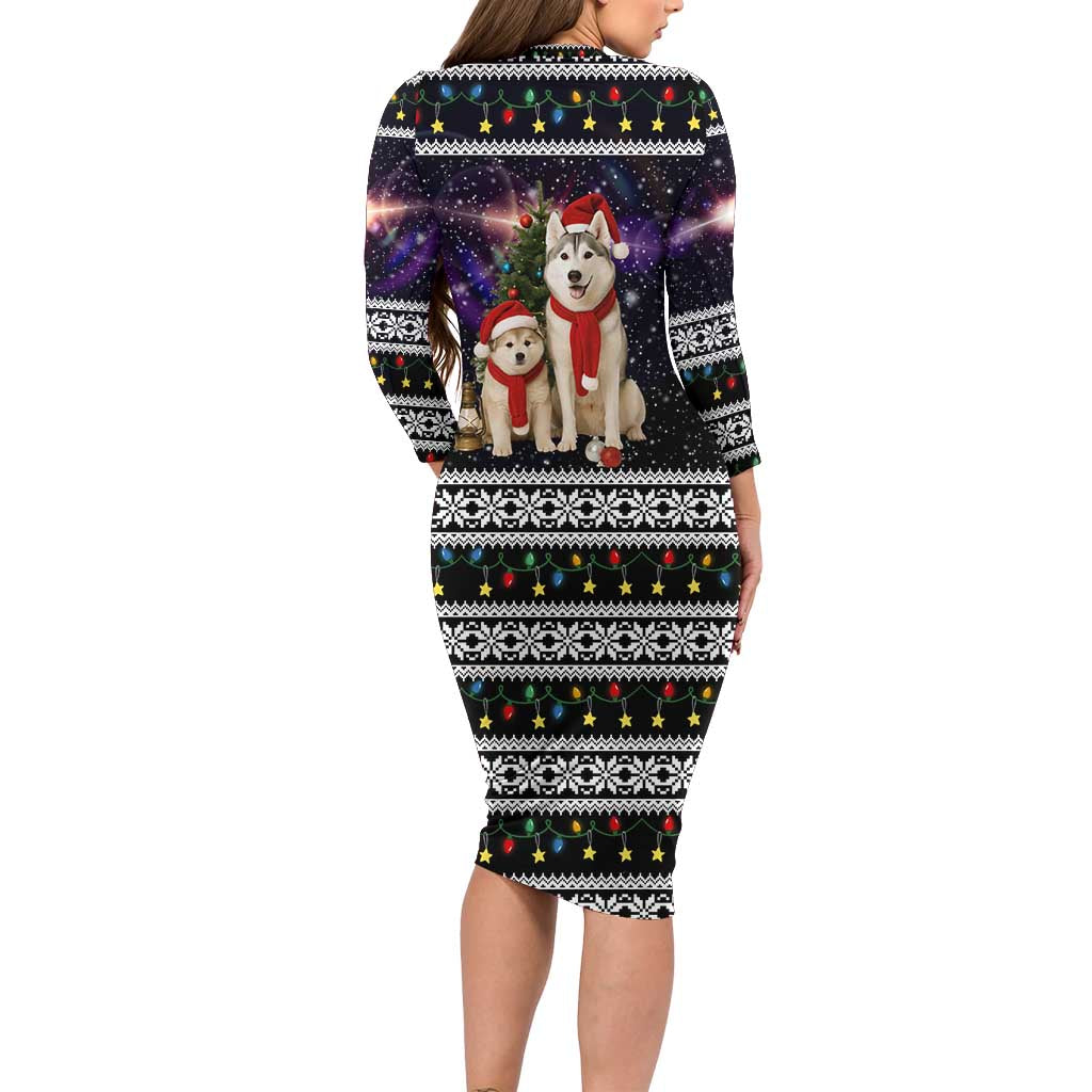 Siberian Husky Show Up Xmas Christmas Family Matching Long Sleeve Bodycon Dress and Hawaiian Shirt Xmas Holiday Patterns - Wonder Print Shop