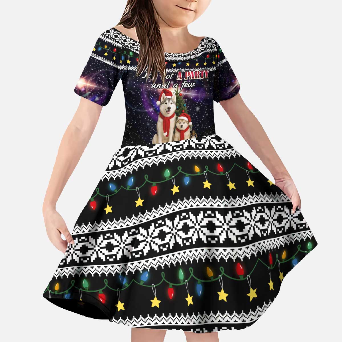 Siberian Husky Show Up Xmas Christmas Family Matching Off The Shoulder Long Sleeve Dress and Hawaiian Shirt Xmas Holiday Patterns - Wonder Print Shop