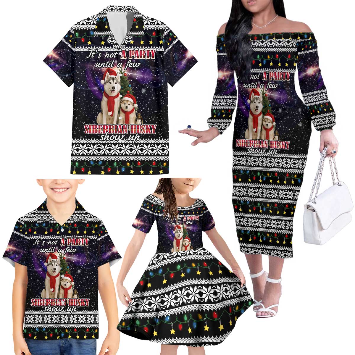 Siberian Husky Show Up Xmas Christmas Family Matching Off The Shoulder Long Sleeve Dress and Hawaiian Shirt Xmas Holiday Patterns - Wonder Print Shop