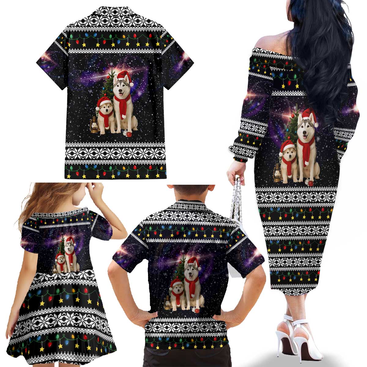 Siberian Husky Show Up Xmas Christmas Family Matching Off The Shoulder Long Sleeve Dress and Hawaiian Shirt Xmas Holiday Patterns - Wonder Print Shop