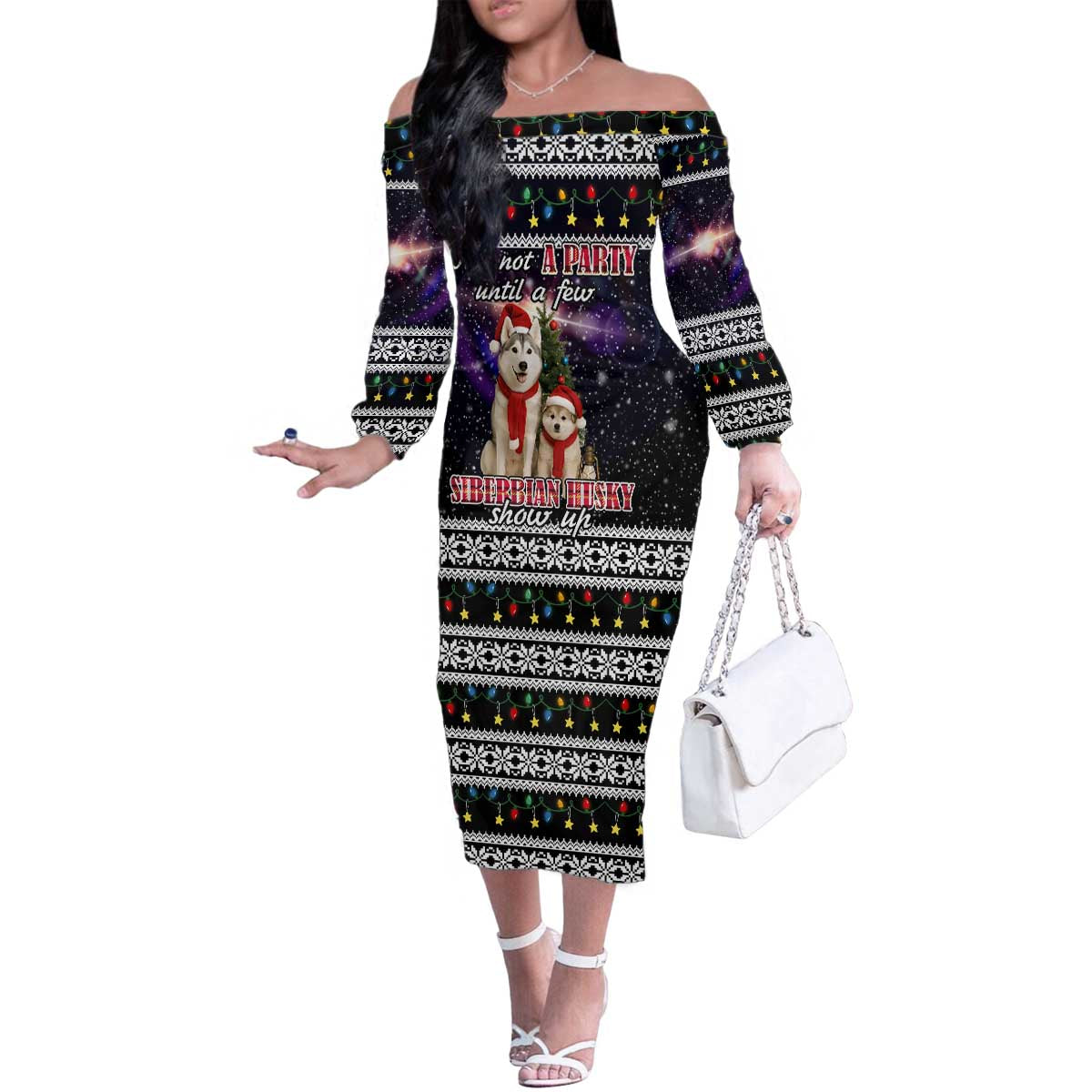 Siberian Husky Show Up Xmas Christmas Family Matching Off The Shoulder Long Sleeve Dress and Hawaiian Shirt Xmas Holiday Patterns - Wonder Print Shop