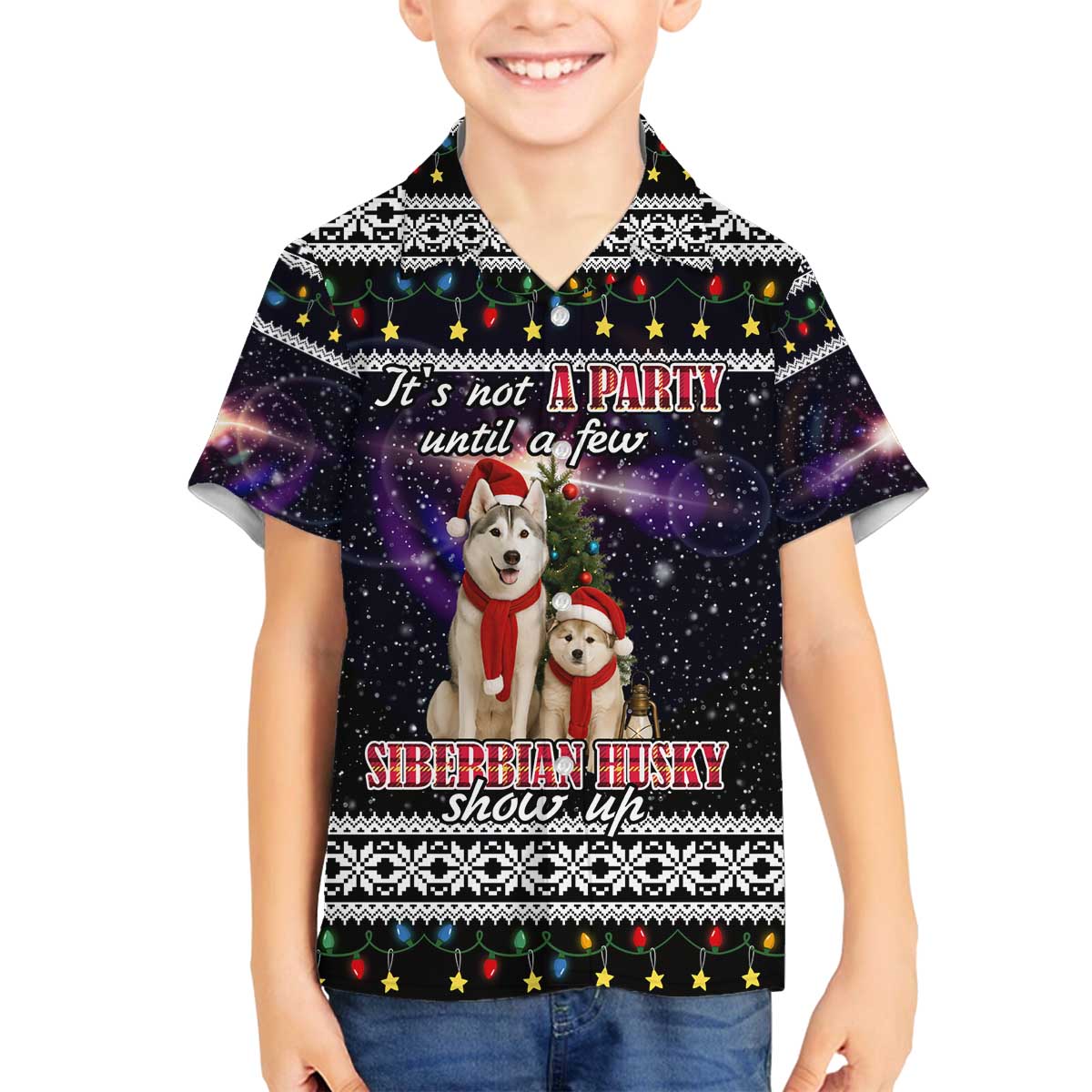 Siberian Husky Show Up Xmas Christmas Family Matching Off The Shoulder Long Sleeve Dress and Hawaiian Shirt Xmas Holiday Patterns - Wonder Print Shop