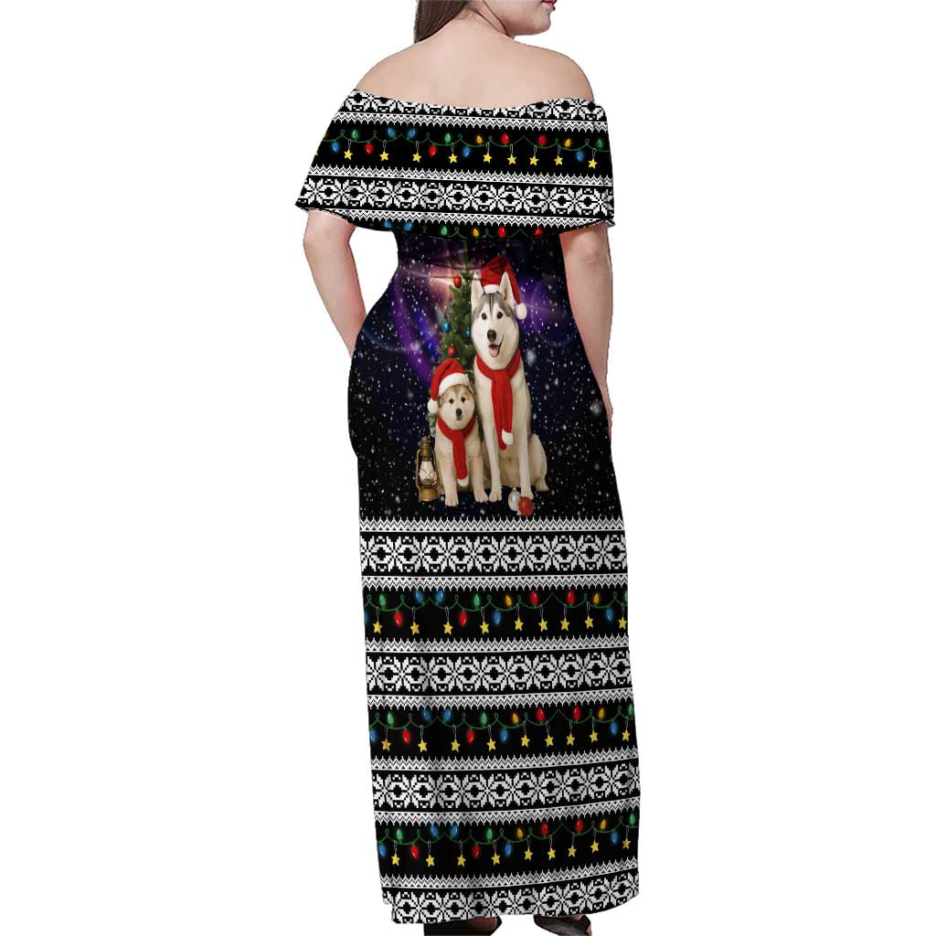 Siberian Husky Show Up Xmas Christmas Family Matching Off Shoulder Maxi Dress and Hawaiian Shirt Xmas Holiday Patterns - Wonder Print Shop