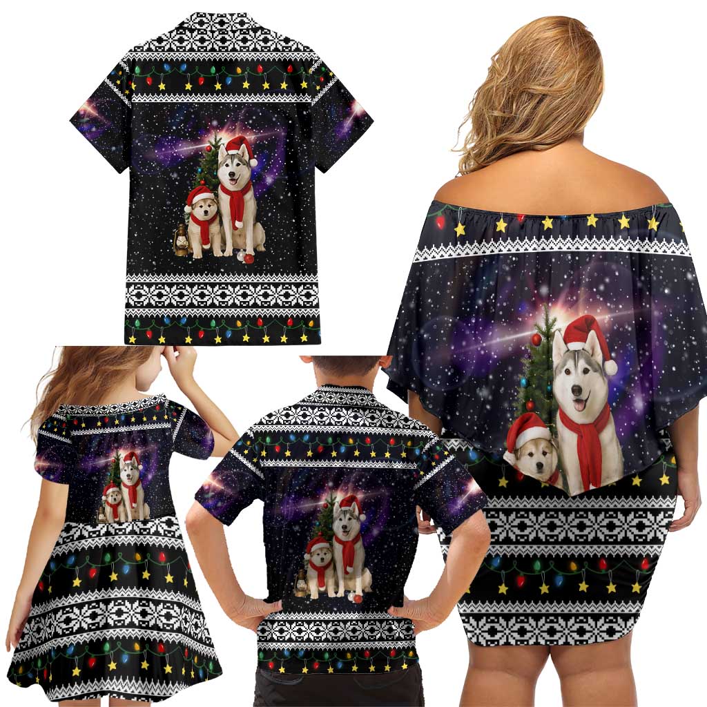 Siberian Husky Show Up Xmas Christmas Family Matching Off Shoulder Short Dress and Hawaiian Shirt Xmas Holiday Patterns - Wonder Print Shop