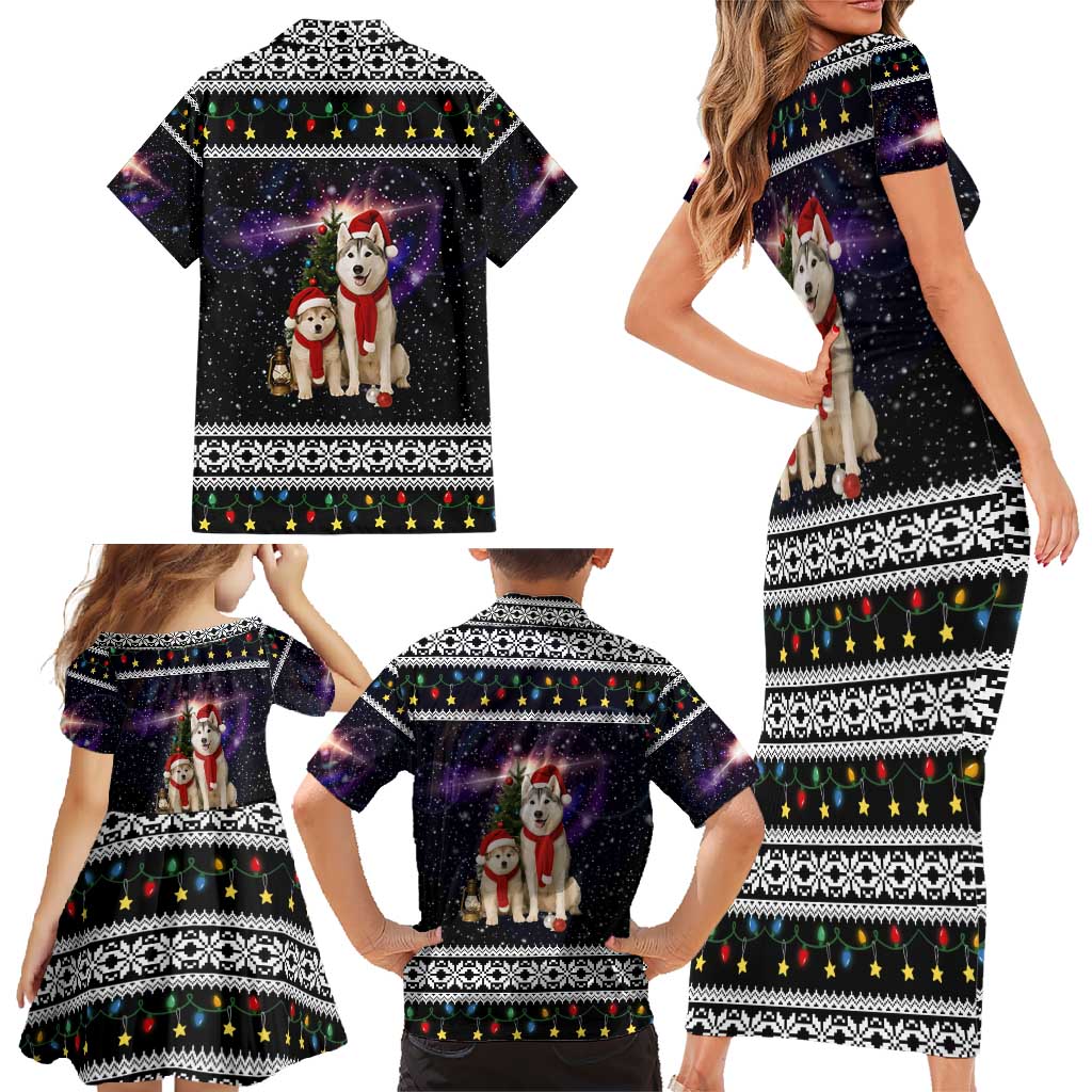 Siberian Husky Show Up Xmas Christmas Family Matching Short Sleeve Bodycon Dress and Hawaiian Shirt Xmas Holiday Patterns - Wonder Print Shop