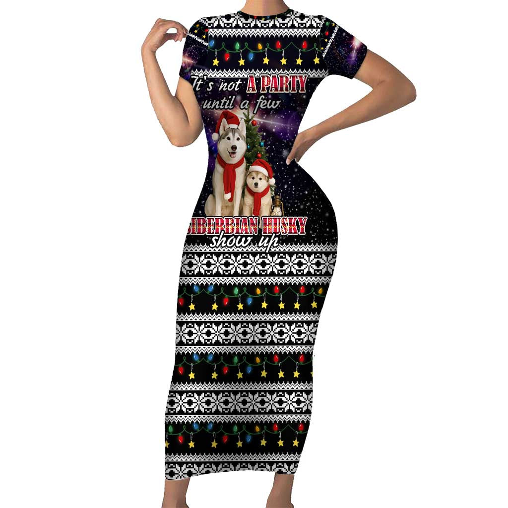 Siberian Husky Show Up Xmas Christmas Family Matching Short Sleeve Bodycon Dress and Hawaiian Shirt Xmas Holiday Patterns - Wonder Print Shop