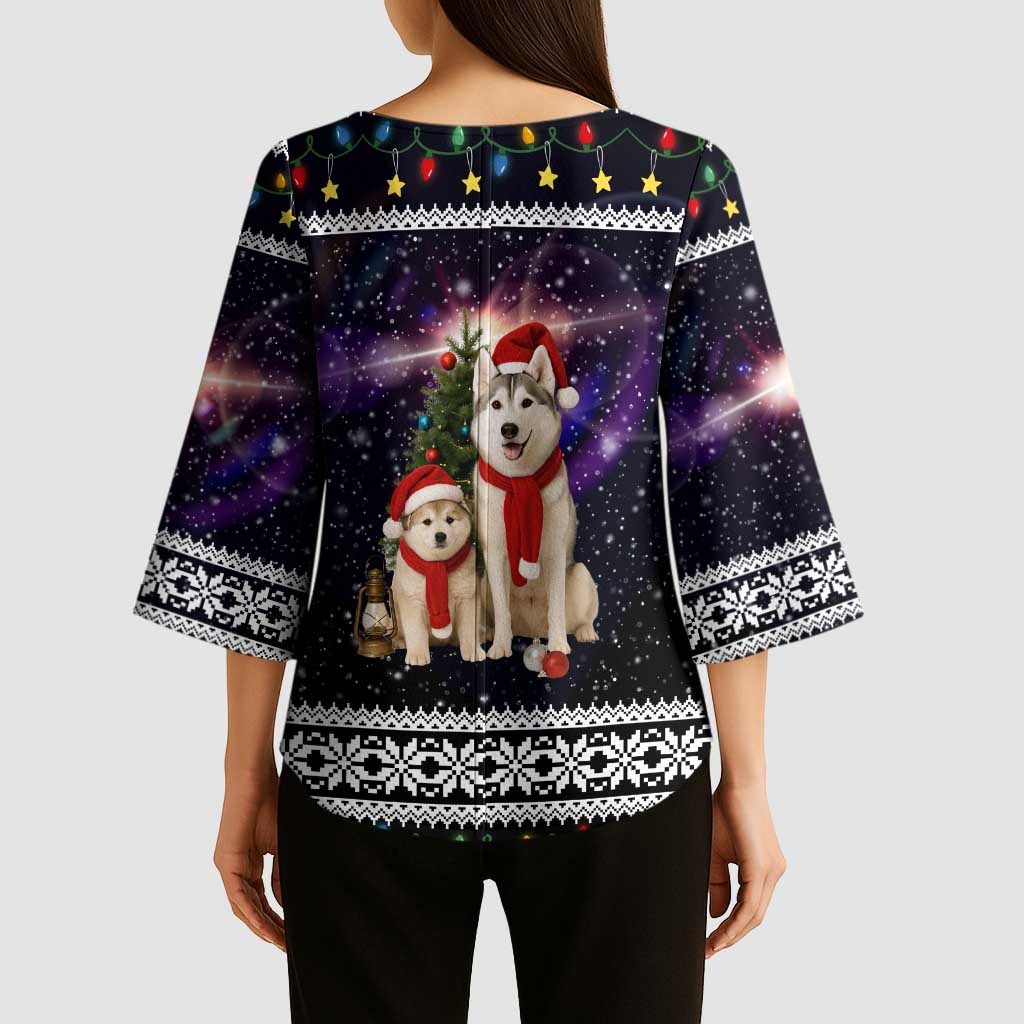 Siberian Husky Show Up Xmas Christmas Kimono Sleeve Blouse Xmas Holiday Patterns - Wonder Print Shop