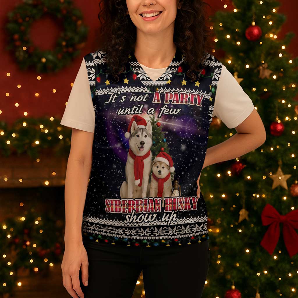 Siberian Husky Show Up Xmas Christmas Knitted V-Neck Vest Xmas Holiday Patterns - Wonder Print Shop