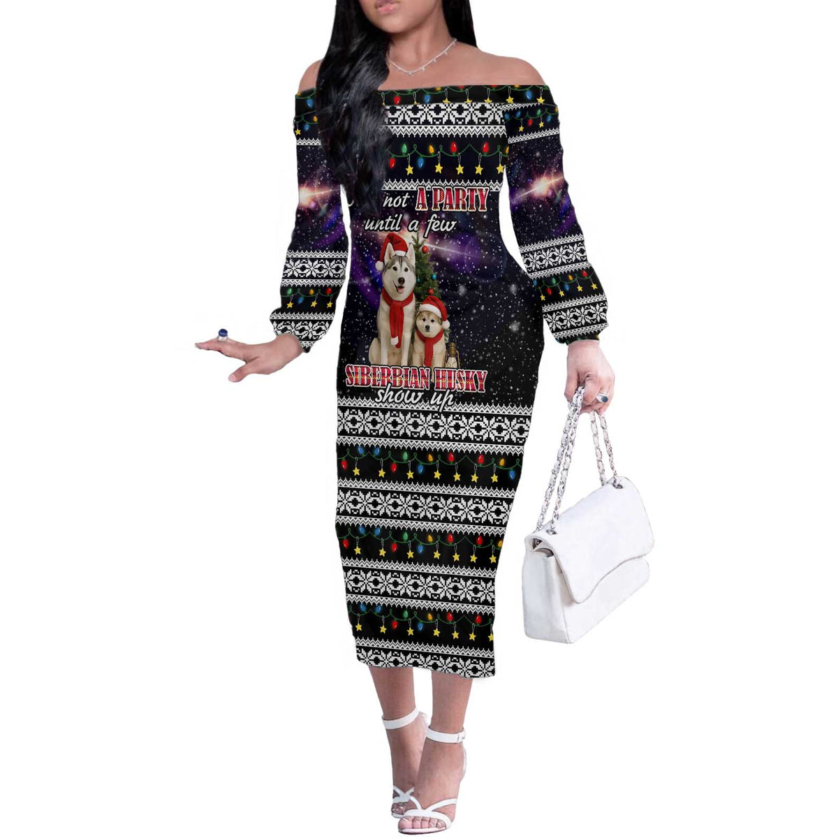 Siberian Husky Show Up Xmas Christmas Off The Shoulder Long Sleeve Dress Xmas Holiday Patterns - Wonder Print Shop