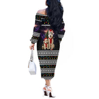 Siberian Husky Show Up Xmas Christmas Off The Shoulder Long Sleeve Dress Xmas Holiday Patterns - Wonder Print Shop