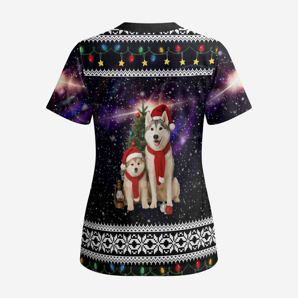Siberian Husky Show Up Xmas Christmas Scrub Top Xmas Holiday Patterns - Wonder Print Shop