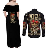 I'm Not A Princess I'm The Fcking Queen Couples Matching Off Shoulder Maxi Dress and Long Sleeve Button Shirt - Wonder Print Shop