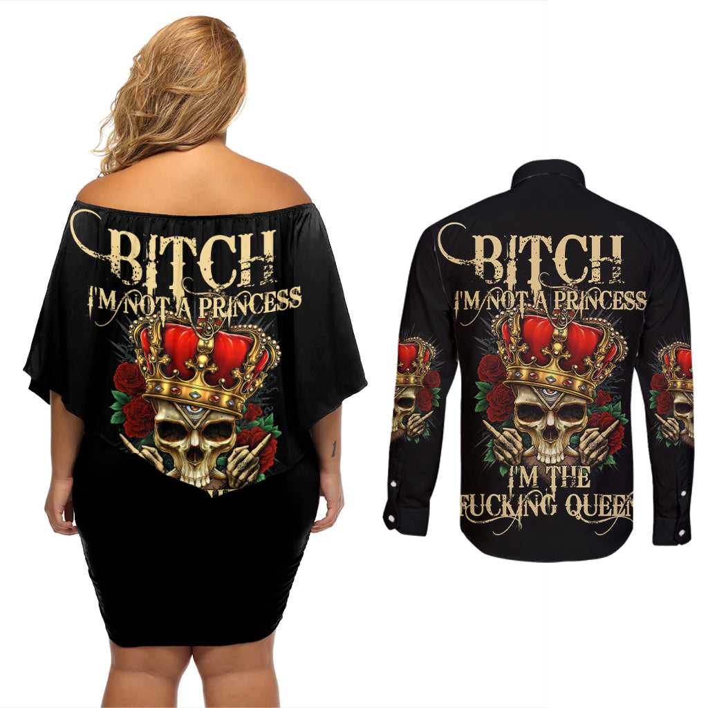 I'm Not A Princess I'm The Fcking Queen Couples Matching Off Shoulder Short Dress and Long Sleeve Button Shirt - Wonder Print Shop