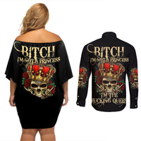I'm Not A Princess I'm The Fcking Queen Couples Matching Off Shoulder Short Dress and Long Sleeve Button Shirt - Wonder Print Shop
