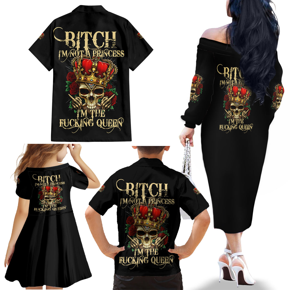 I'm Not A Princess I'm The Fcking Queen Family Matching Off Shoulder Long Sleeve Dress and Hawaiian Shirt - Wonder Print Shop