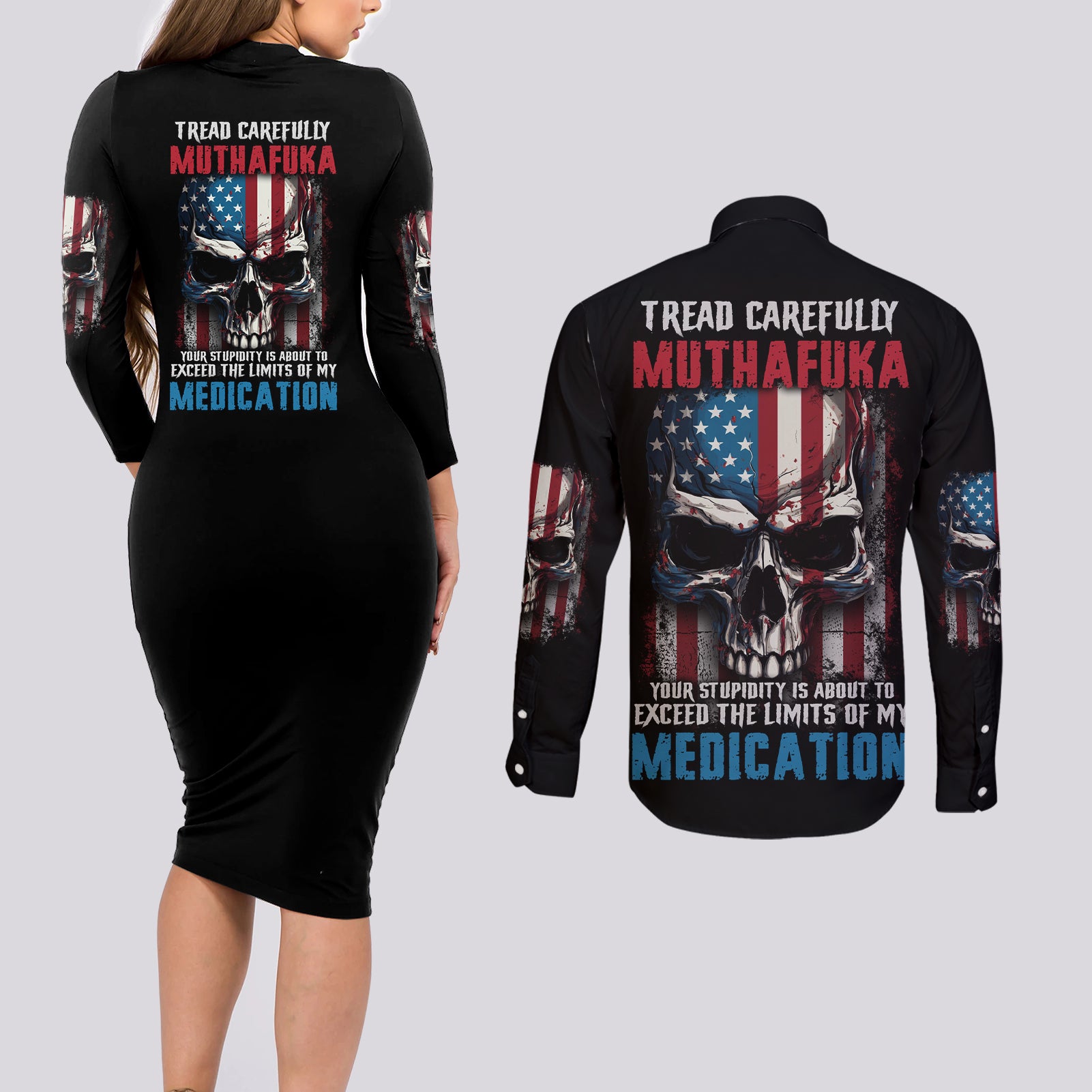 Tread Carefully Muthafuka Couples Matching Long Sleeve Bodycon Dress and Long Sleeve Button Shirt - Wonder Print Shop