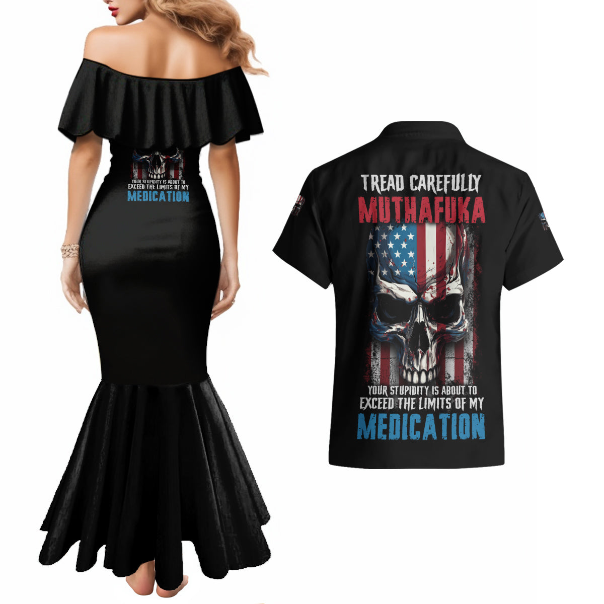 Tread Carefully Muthafuka Couples Matching Mermaid Dress and Hawaiian Shirt - Wonder Print Shop