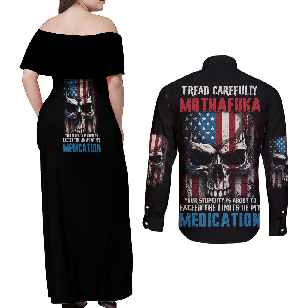 Tread Carefully Muthafuka Couples Matching Off Shoulder Maxi Dress and Long Sleeve Button Shirt - Wonder Print Shop