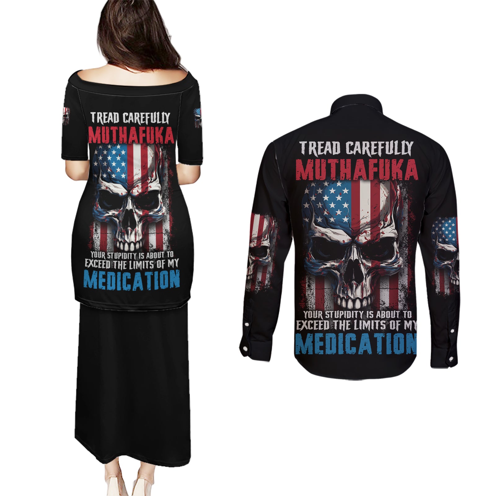 Tread Carefully Muthafuka Couples Matching Puletasi Dress and Long Sleeve Button Shirt - Wonder Print Shop