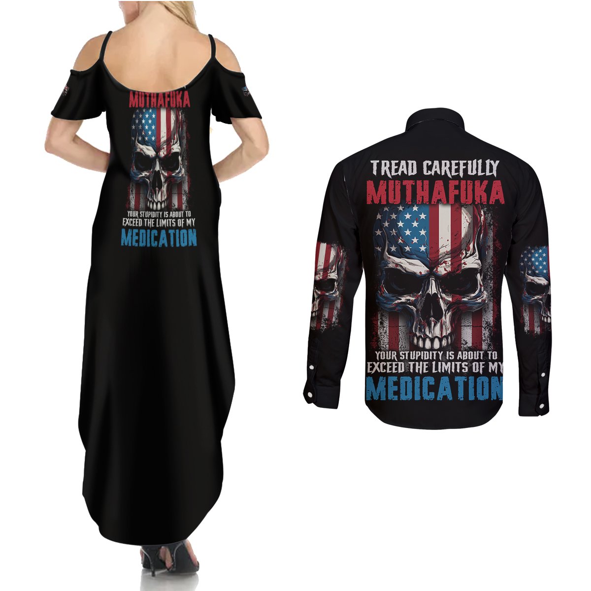 Tread Carefully Muthafuka Couples Matching Summer Maxi Dress and Long Sleeve Button Shirt - Wonder Print Shop