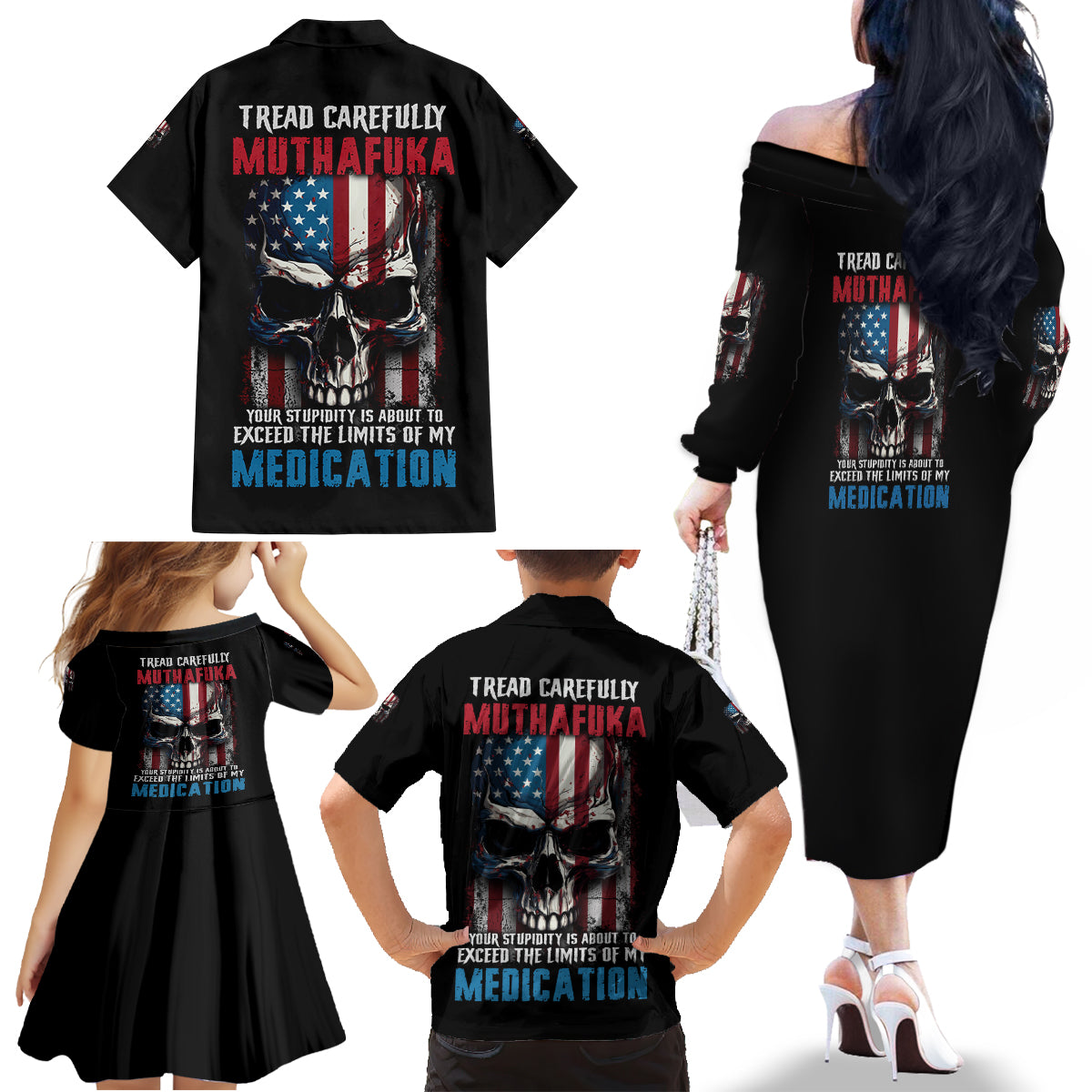 Tread Carefully Muthafuka Family Matching Off Shoulder Long Sleeve Dress and Hawaiian Shirt - Wonder Print Shop