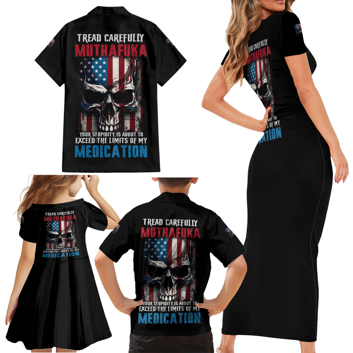 Tread Carefully Muthafuka Family Matching Short Sleeve Bodycon Dress and Hawaiian Shirt - Wonder Print Shop