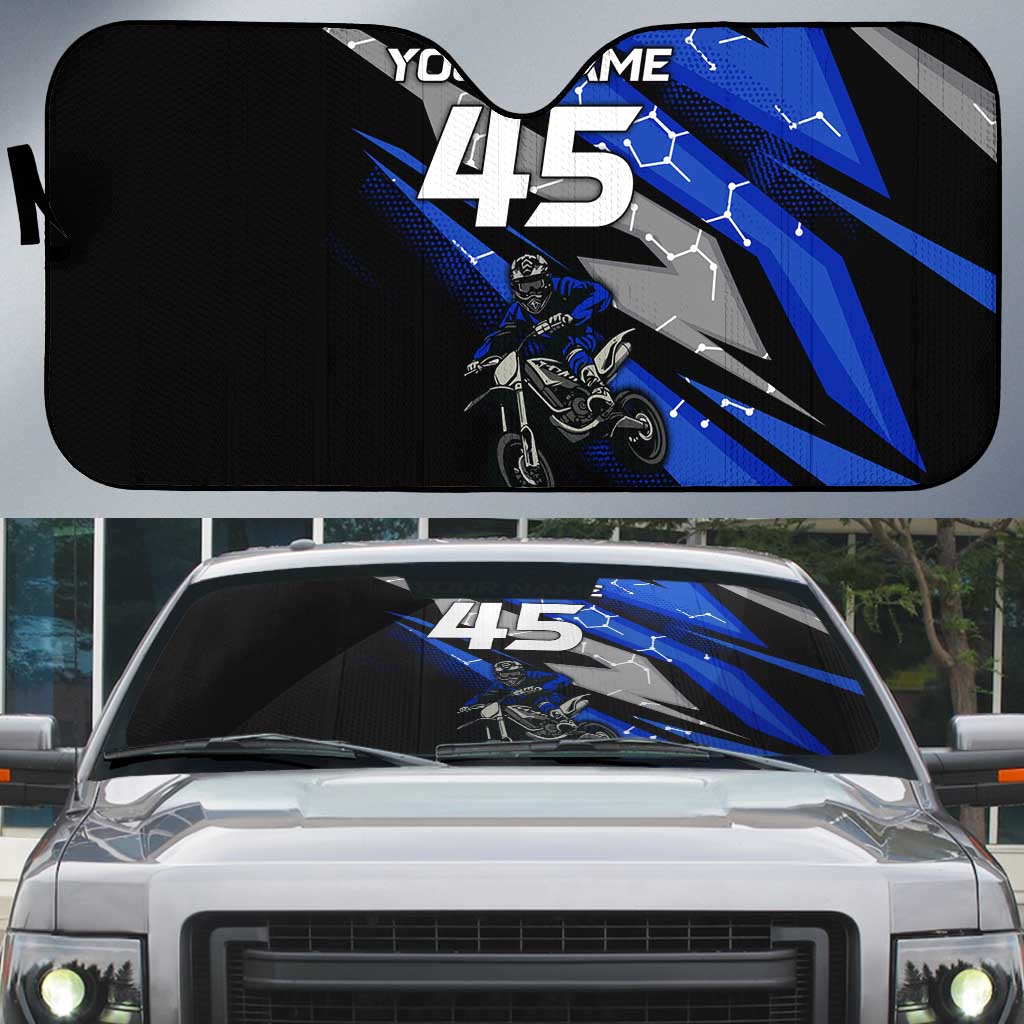Personalized Extreme Motocross Auto Sun Shade with Blue Rider – Dirt Bike Racing Design - Wonder Print Shop