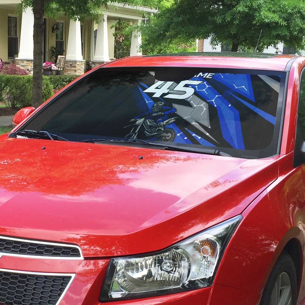 Personalized Extreme Motocross Auto Sun Shade with Blue Rider – Dirt Bike Racing Design - Wonder Print Shop