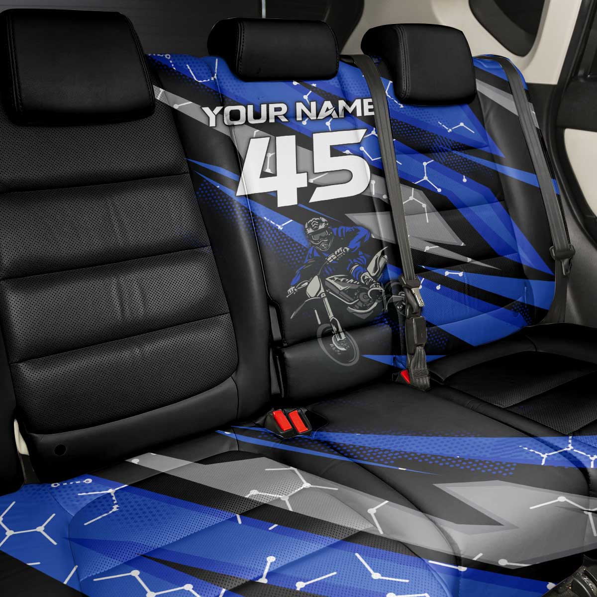 Personalized Extreme Motocross Back Car Seat Cover with Blue Rider – Dirt Bike Racing Design - Wonder Print Shop