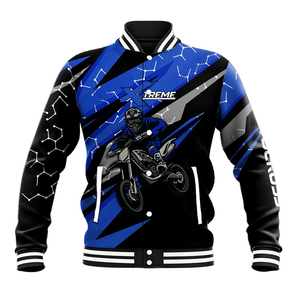 Personalized Extreme Motocross Baseball Jacket with Blue Rider – Dirt Bike Racing Design - Wonder Print Shop