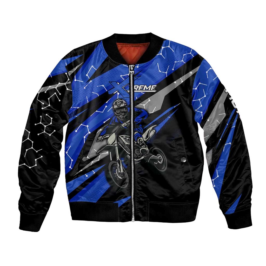 Personalized Extreme Motocross Bomber Jacket with Blue Rider – Dirt Bike Racing Design - Wonder Print Shop