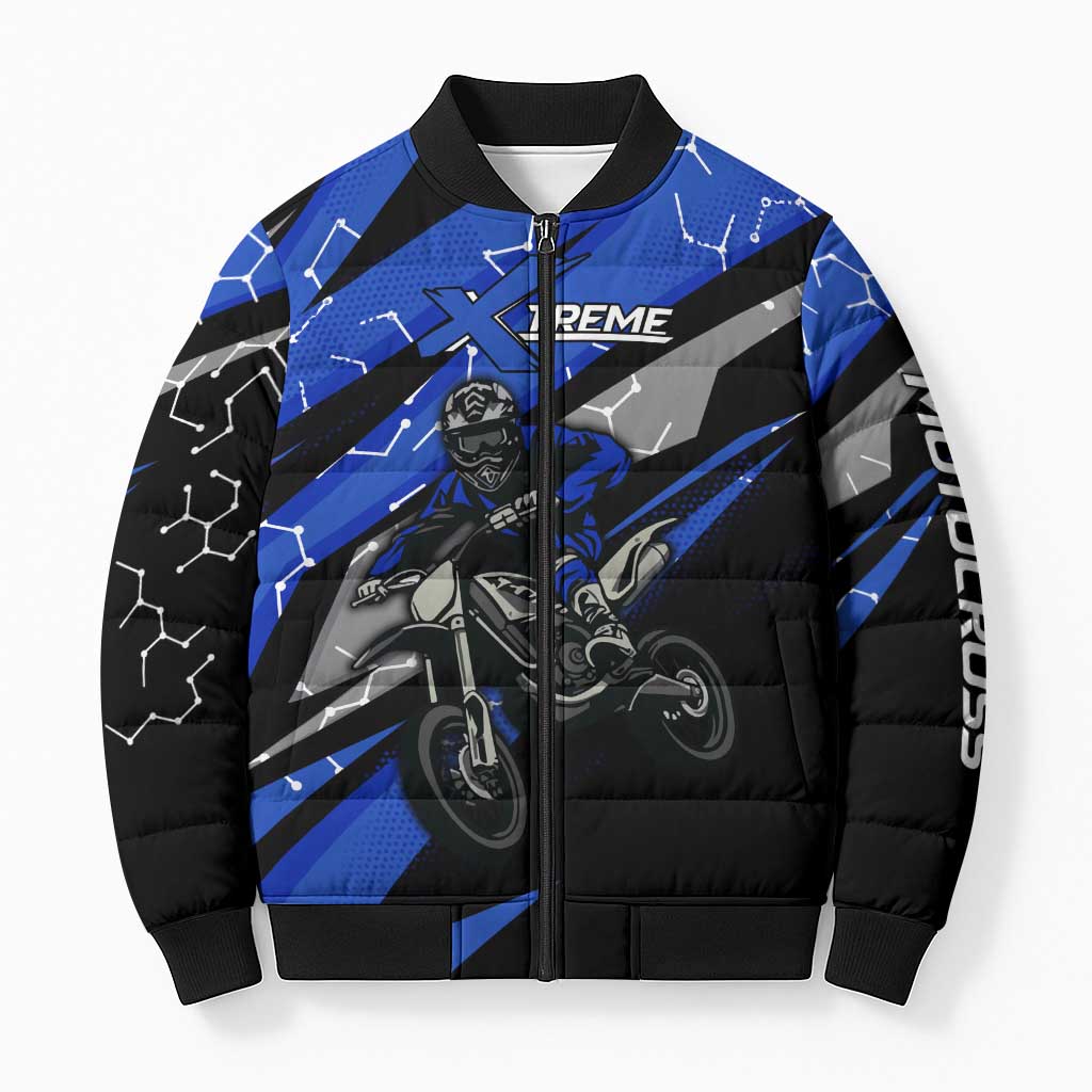 Personalized Extreme Motocross Bomber Puffer Jacket with Blue Rider – Dirt Bike Racing Design - Wonder Print Shop