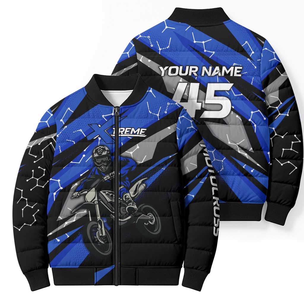Personalized Extreme Motocross Bomber Puffer Jacket with Blue Rider – Dirt Bike Racing Design - Wonder Print Shop