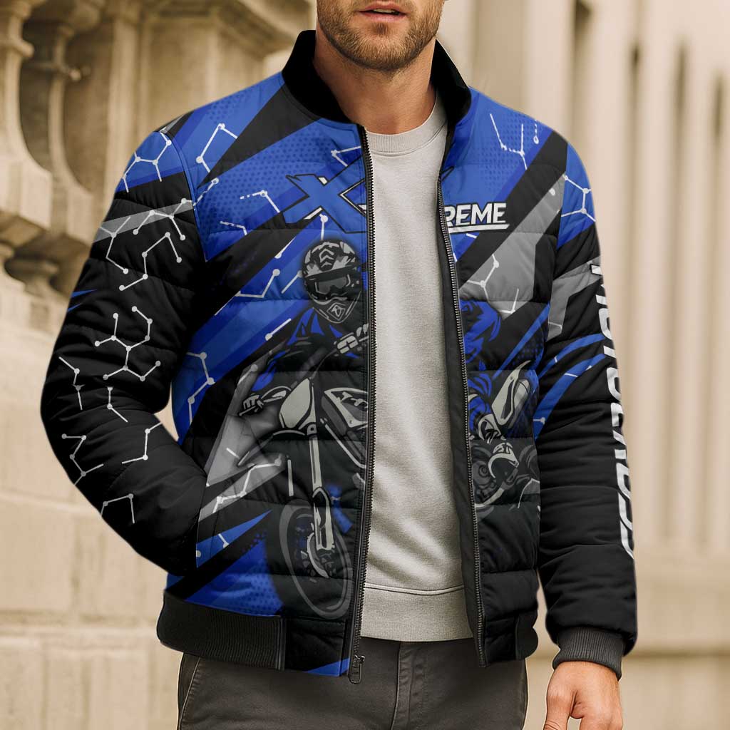 Personalized Extreme Motocross Bomber Puffer Jacket with Blue Rider – Dirt Bike Racing Design - Wonder Print Shop