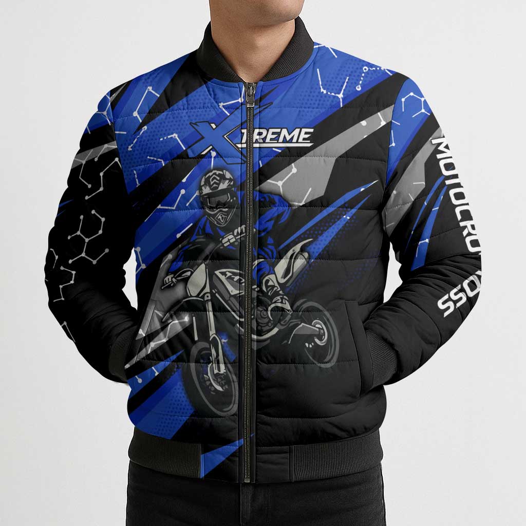Personalized Extreme Motocross Bomber Puffer Jacket with Blue Rider – Dirt Bike Racing Design - Wonder Print Shop