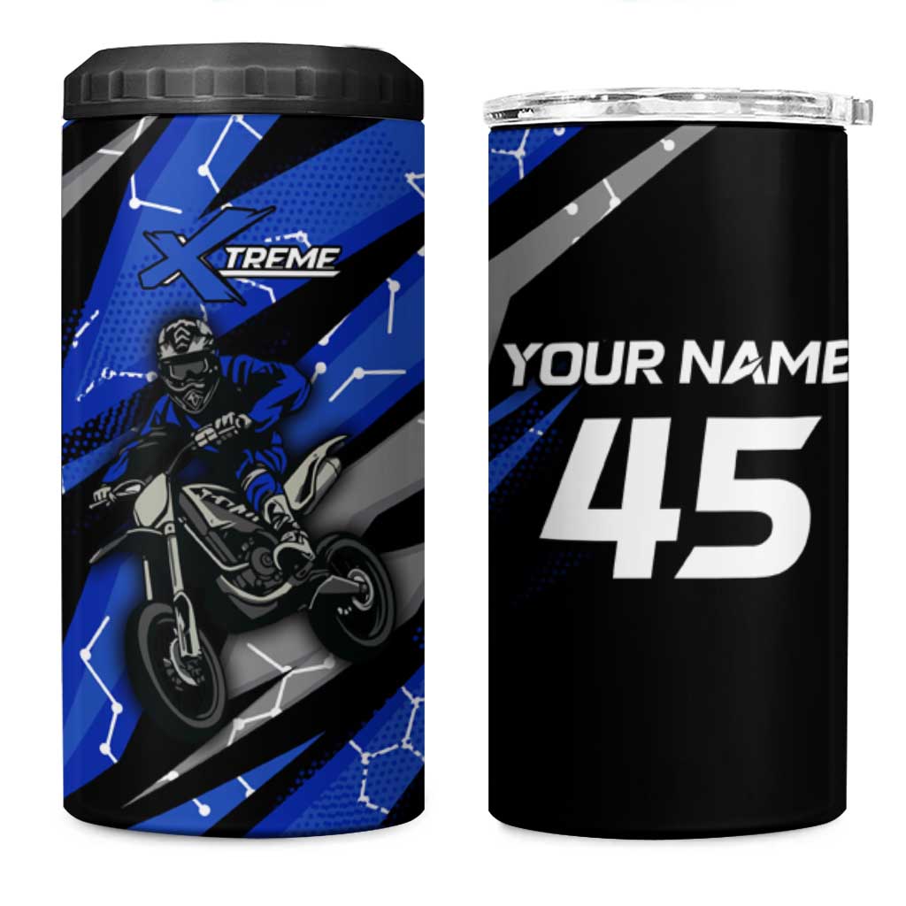 Personalized Extreme Motocross 4 in 1 Can Cooler Tumbler with Blue Rider – Dirt Bike Racing Design - Wonder Print Shop