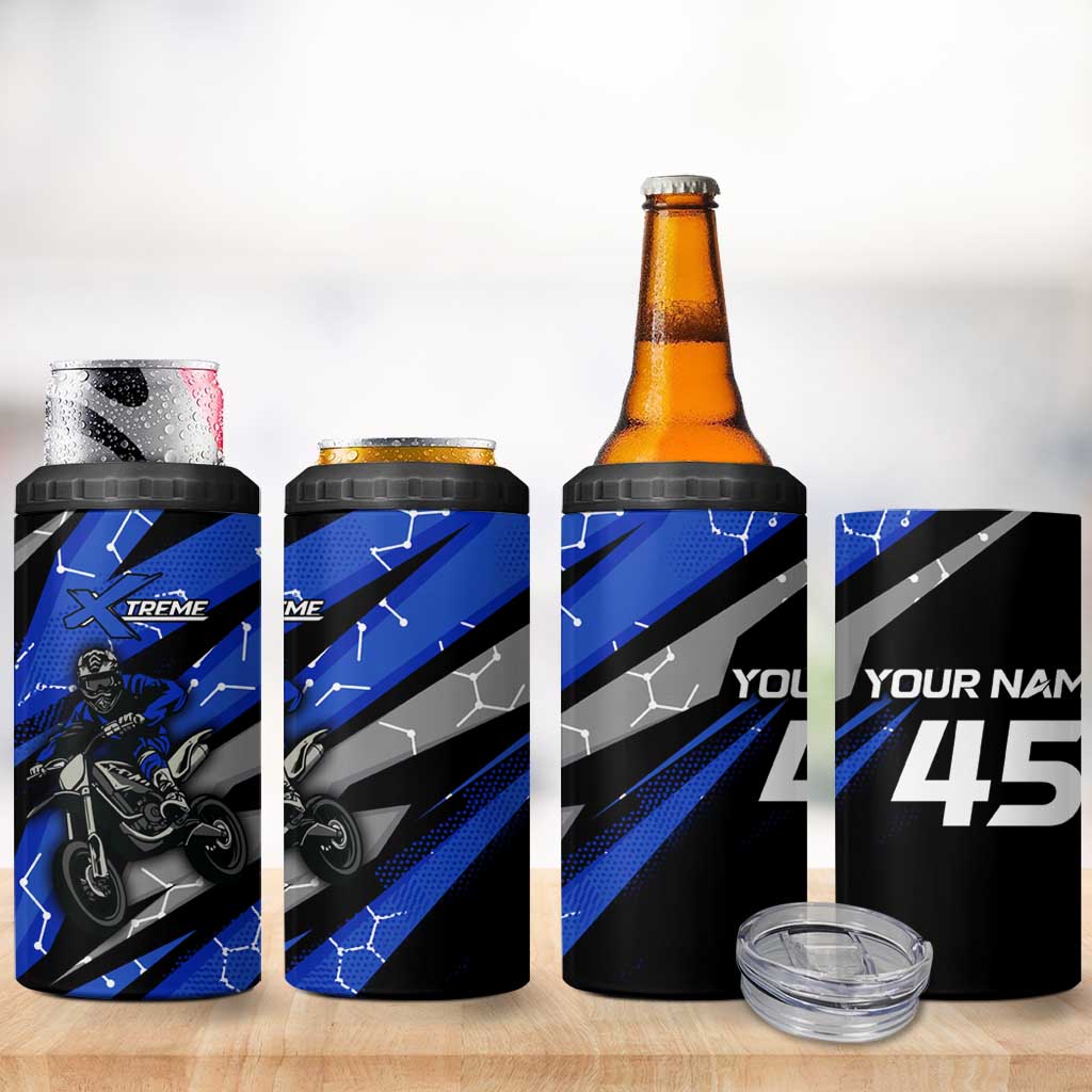 Personalized Extreme Motocross 4 in 1 Can Cooler Tumbler with Blue Rider – Dirt Bike Racing Design - Wonder Print Shop