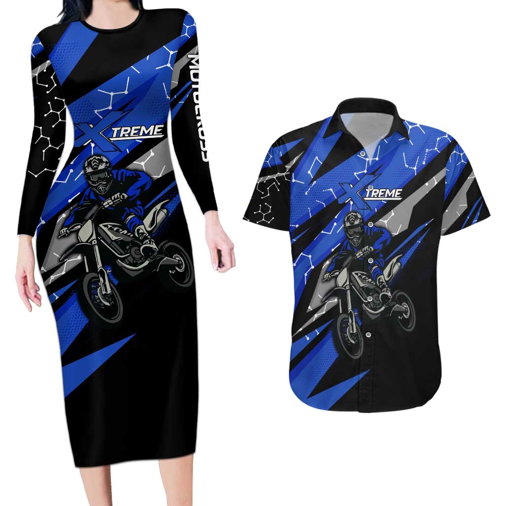 Personalized Extreme Motocross Couples Matching Long Sleeve Bodycon Dress and Hawaiian Shirt with Blue Rider – Dirt Bike Racing Design - Wonder Print Shop