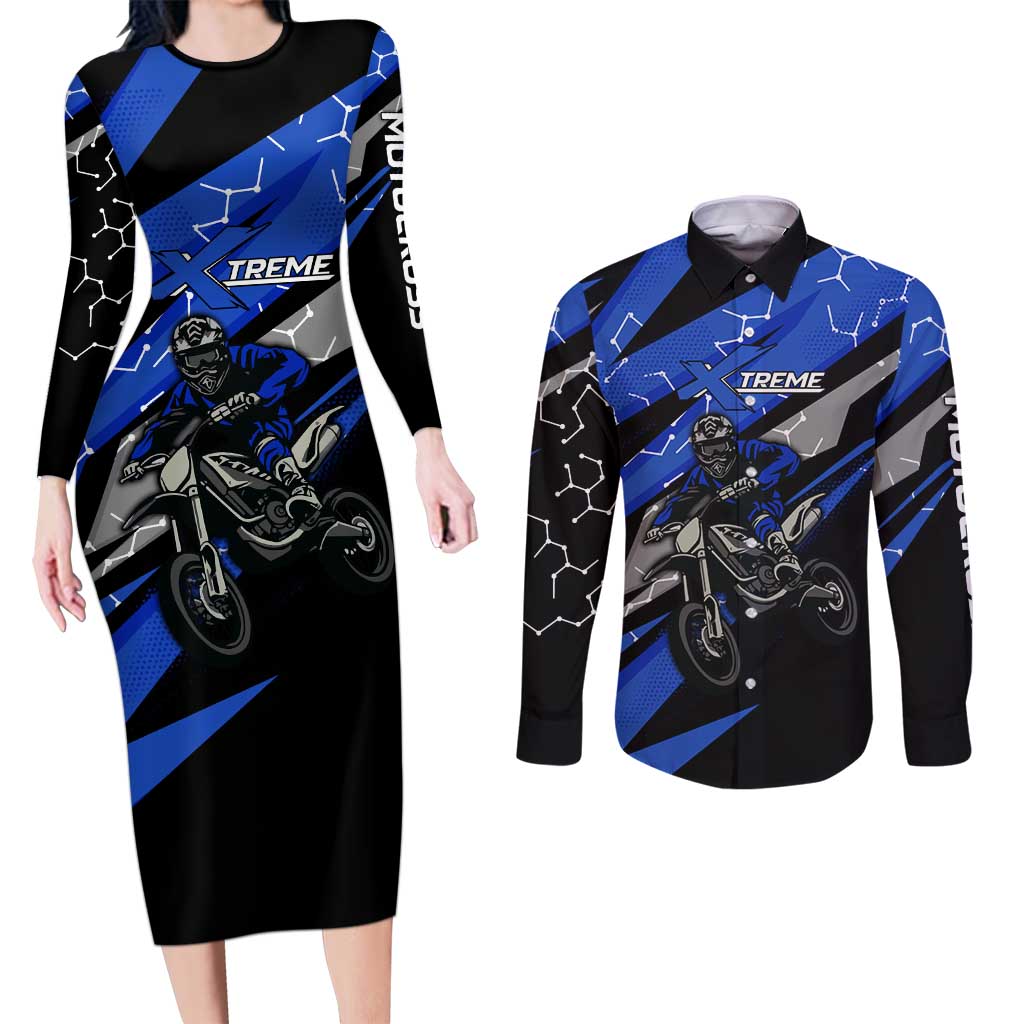Personalized Extreme Motocross Couples Matching Long Sleeve Bodycon Dress and Long Sleeve Button Shirt with Blue Rider – Dirt Bike Racing Design - Wonder Print Shop