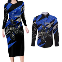 Personalized Extreme Motocross Couples Matching Long Sleeve Bodycon Dress and Long Sleeve Button Shirt with Blue Rider – Dirt Bike Racing Design - Wonder Print Shop